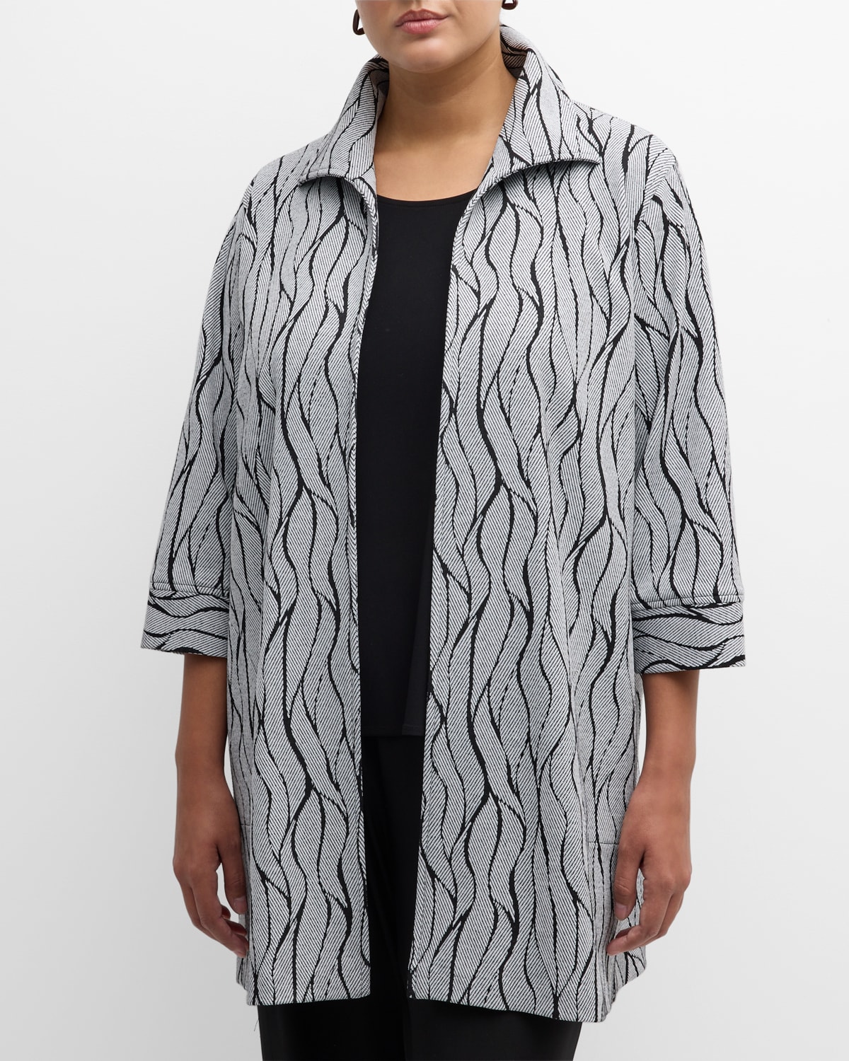 Caroline Rose Plus Plus Size 3/4-sleeve Wave Intarsia Knit Topper In Blackwhite