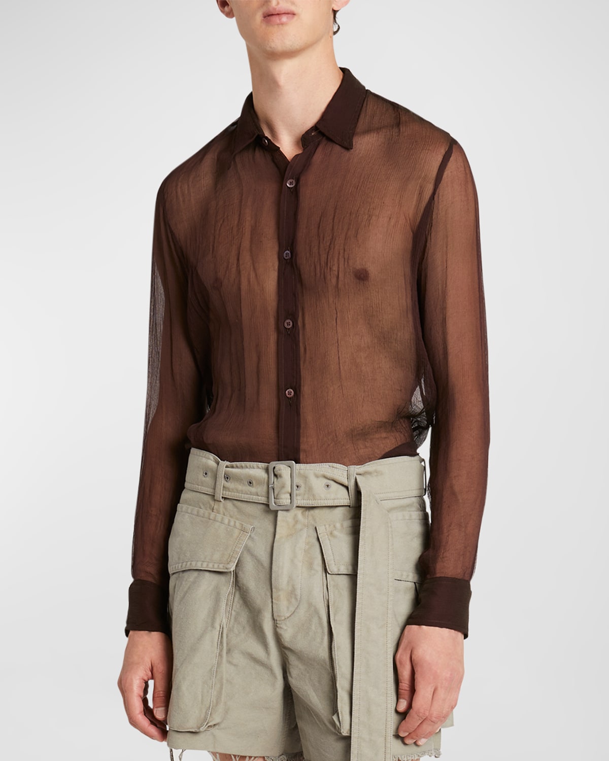 Shop Dries Van Noten Men's Congreve Sheer Silk Button-down Shirt In Bordeaux
