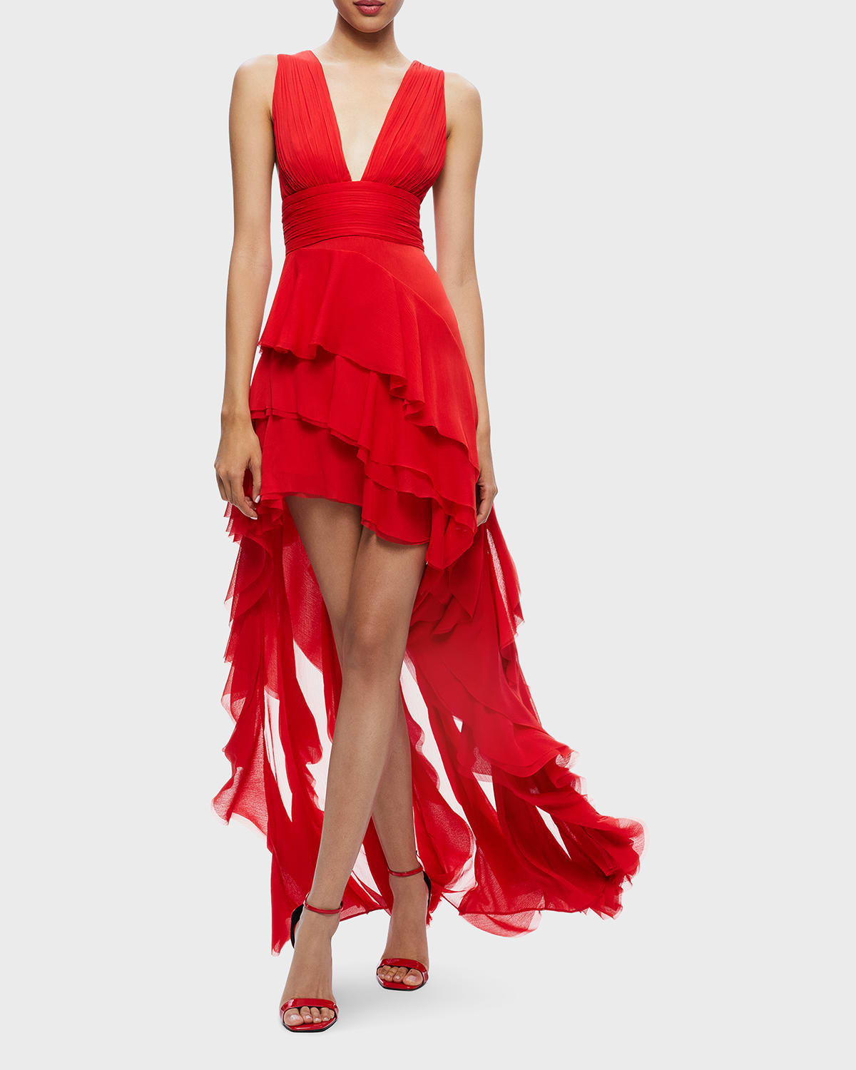 Shop Alice And Olivia Holly Asymmetric Ruffle Dress In Bright Ruby