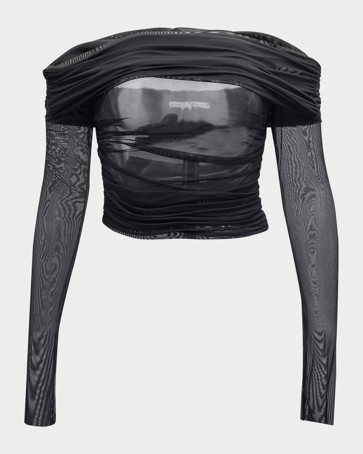 Alice And Olivia Isadola Ruched Off The Shoulder Mesh Crop Top In Black