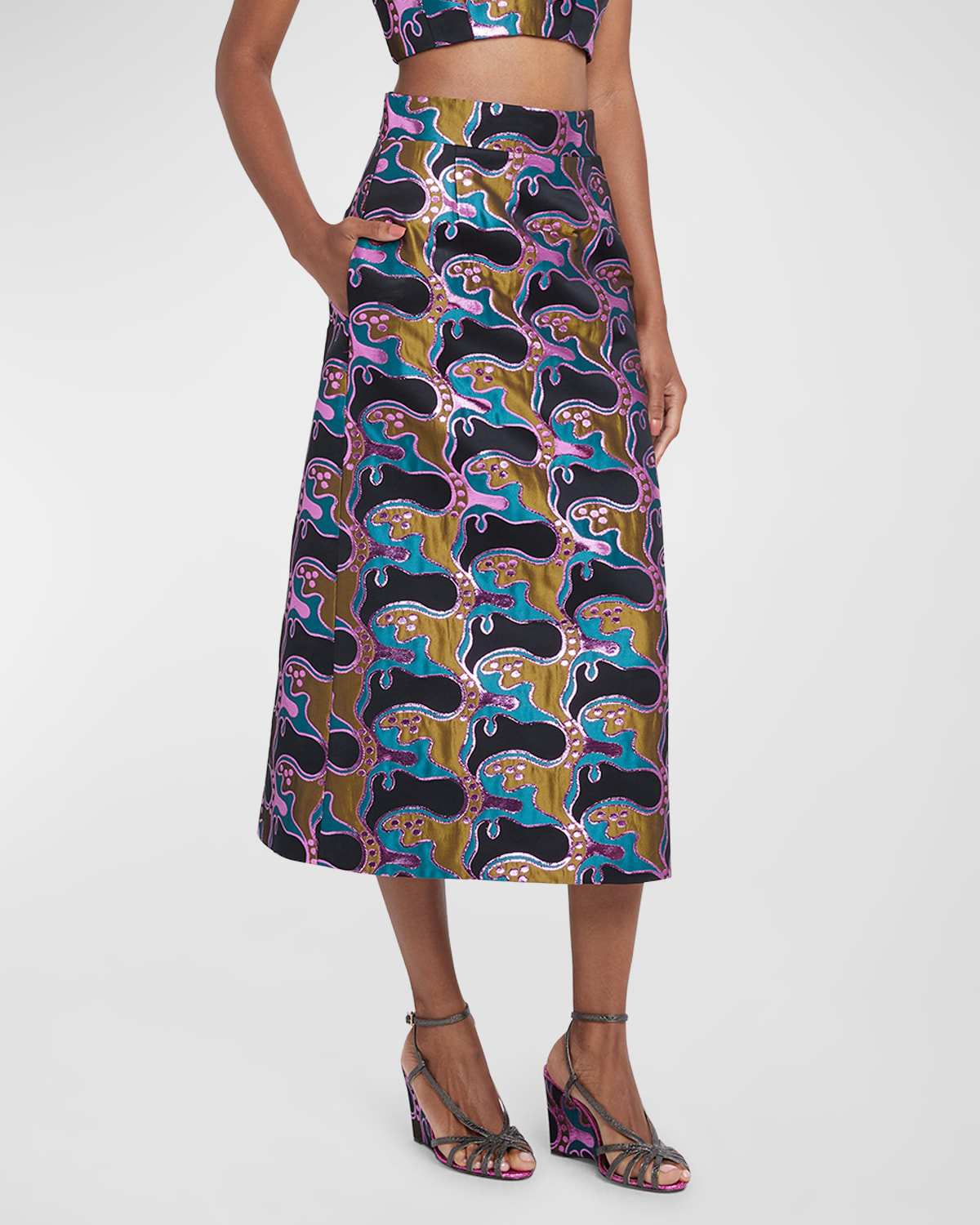 Shop La Doublej Baia Printed Jacquard Midi Skirt In Medium Blue