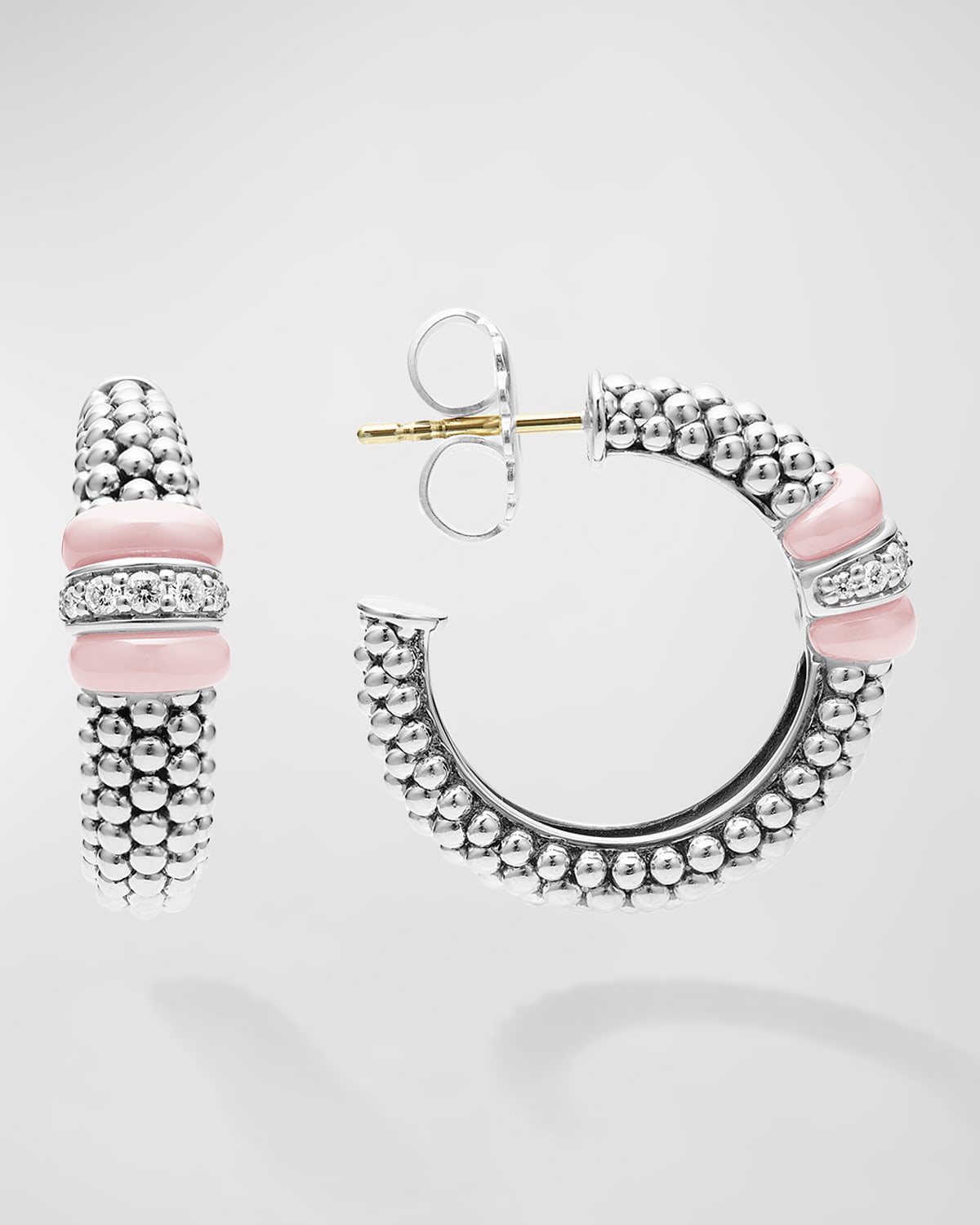 Sterling Silver Pink Caviar Diamond 1 Link 23mm Hoop Earrings