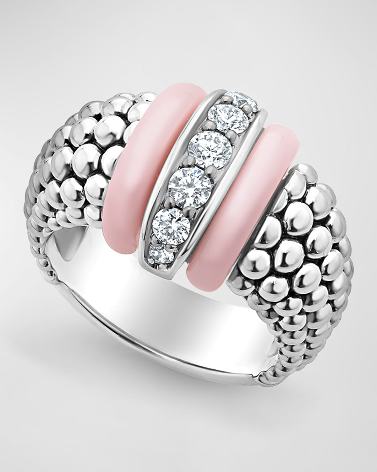 Sterling Silver Pink Caviar Diamond Large 1 Link Ring