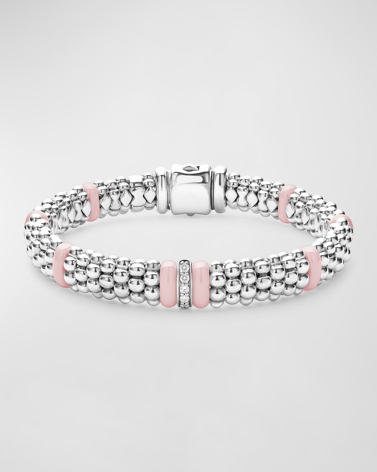 Sterling Silver Pink Caviar 1 Diamond Link 9mm Rope Bracelet