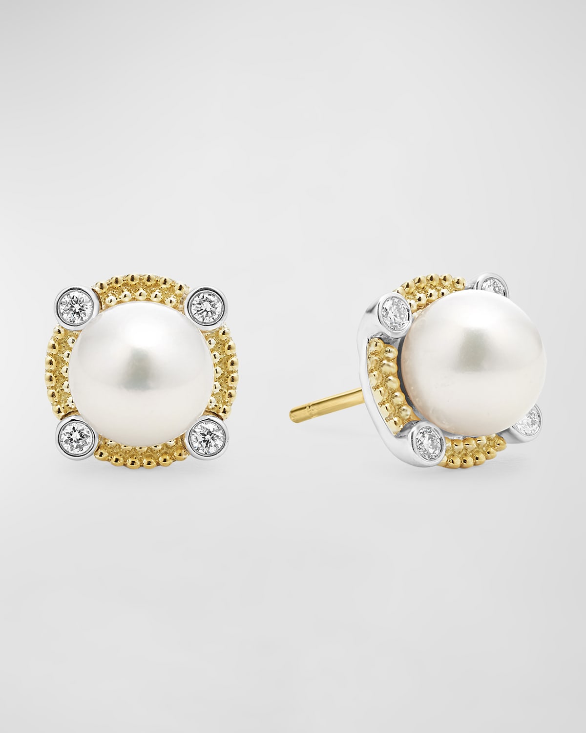 LAGOS STERLING SILVER AND 18K LUNA PEARL LUX WITH DIAMOND STUD EARRINGS