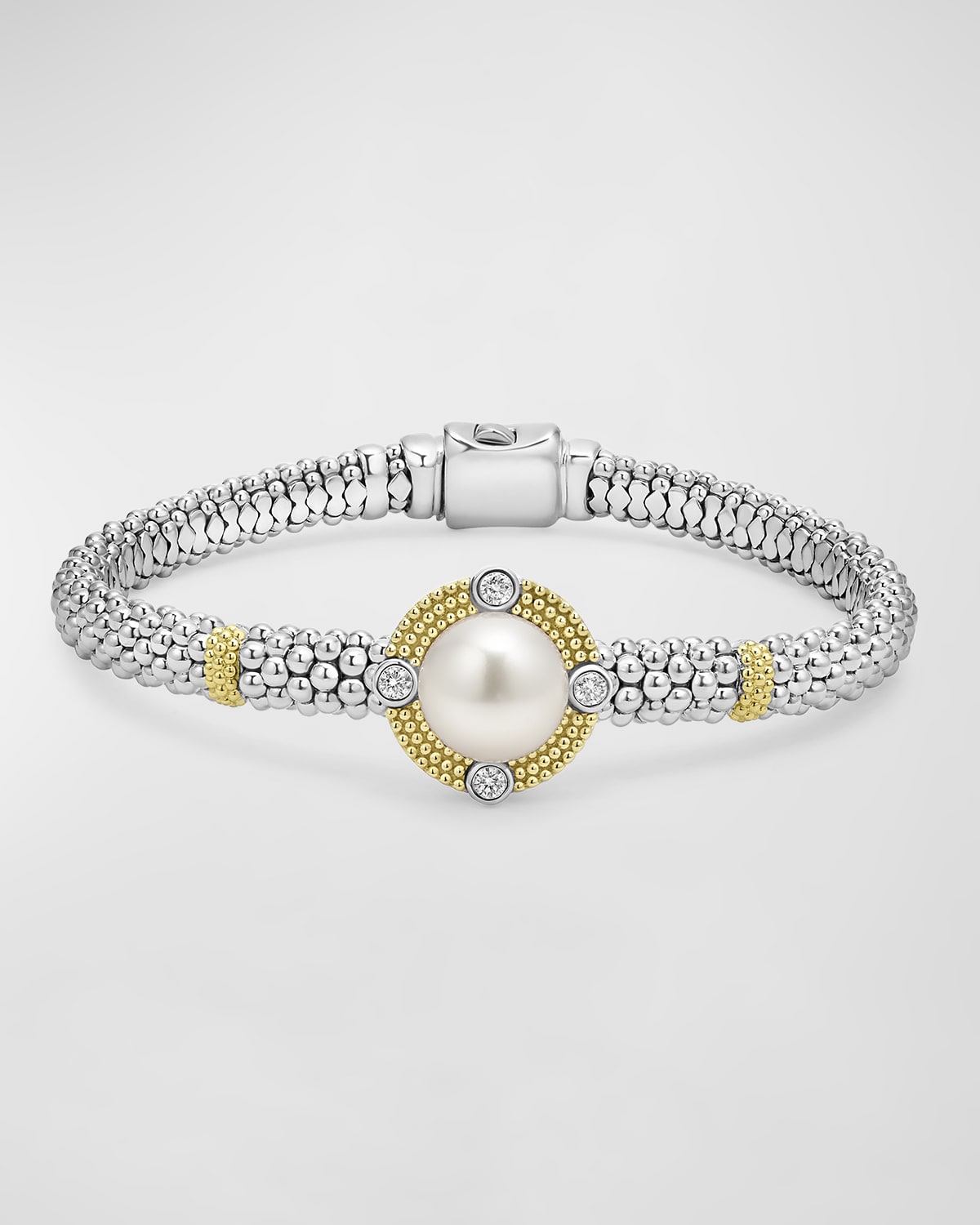 Lagos 18k Yellow Gold & Sterling Silver Luna Cultured Freshwater Pearl & Diamond Caviar Bead Bracelet In Silver