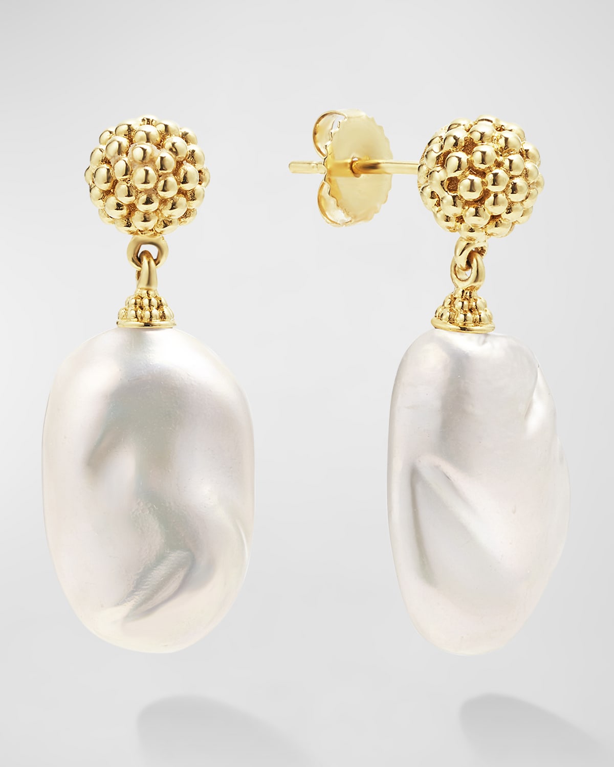 18K Luna Pearl Baroque Caviar Post and Drop Earrings