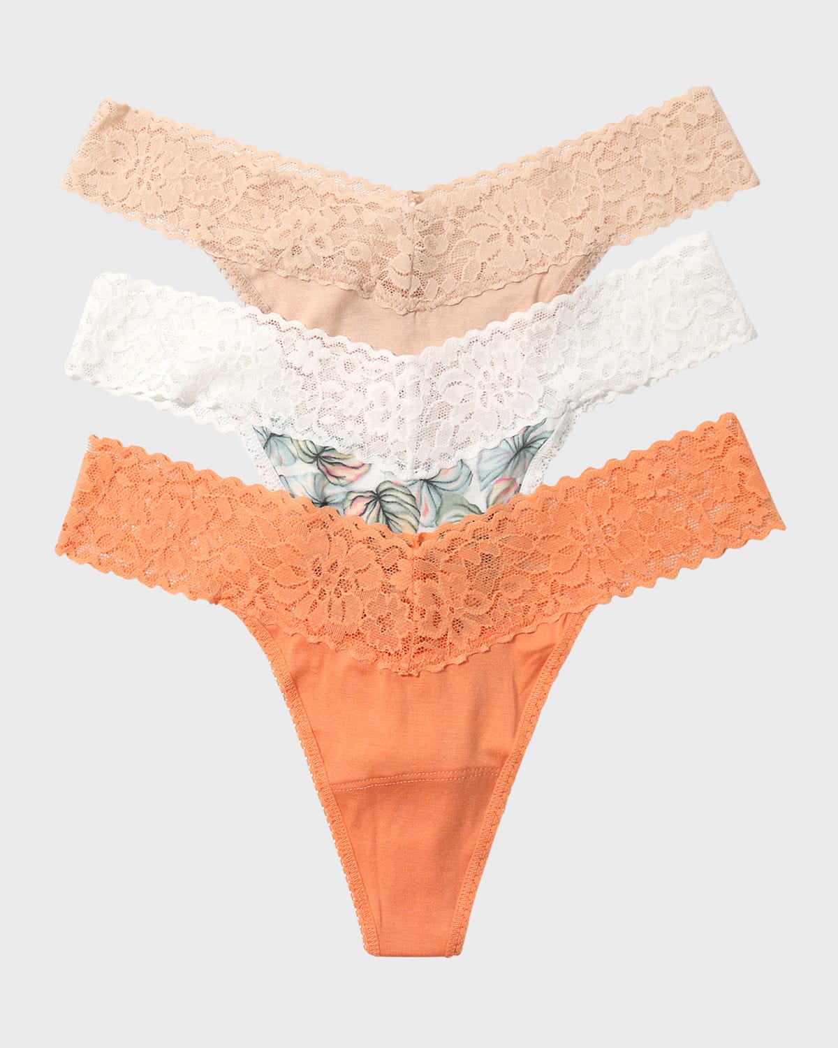 Shop Hanky Panky Dreamease Lace-trim Thongs, Pack Of 3 In Florence,begonia Leaf,chai