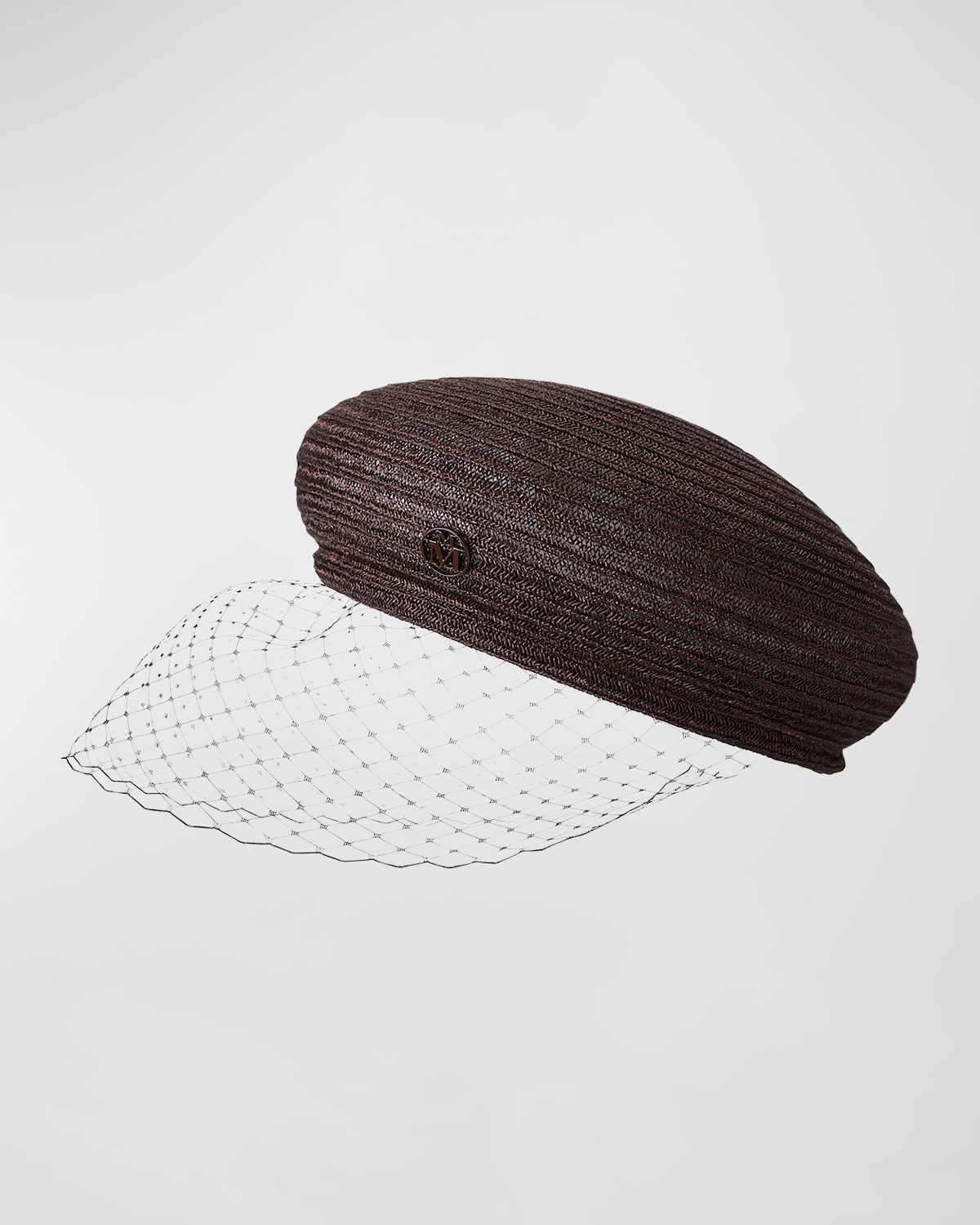 Maison Michel New Bonnie Straw Beret With Veil In Bitter Chocolate