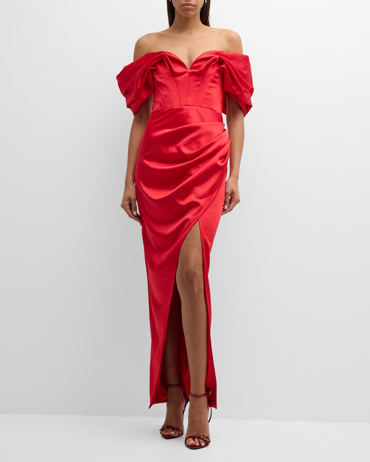 Shop Gigii's Laura Off-shoulder Draped Column Gown In Spanish Red Sr113