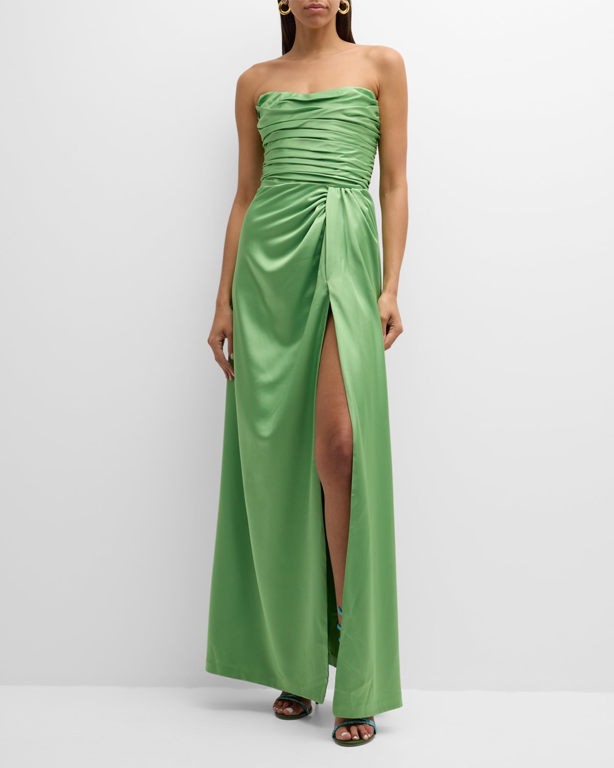 Gigii's Fella Strapless Pleated Side-slit Gown In Kaktus Green Kg24