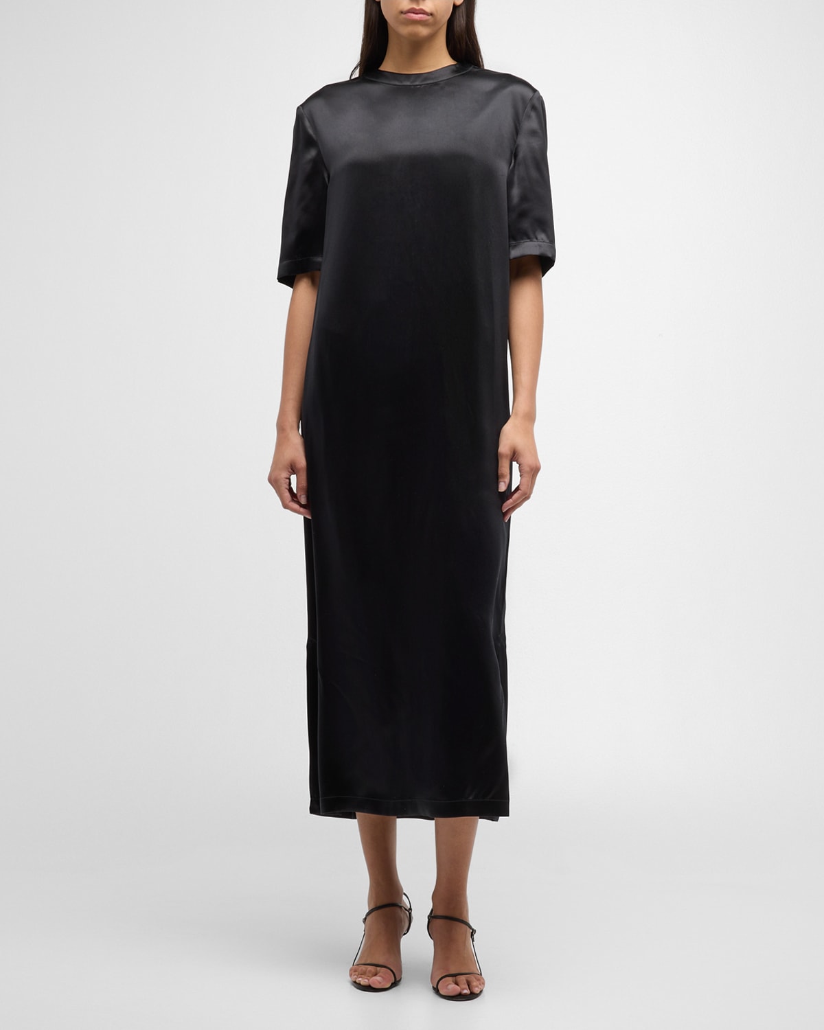 Loulou Studio Tuga Short-sleeve Shift Satin Midi Dress In Black