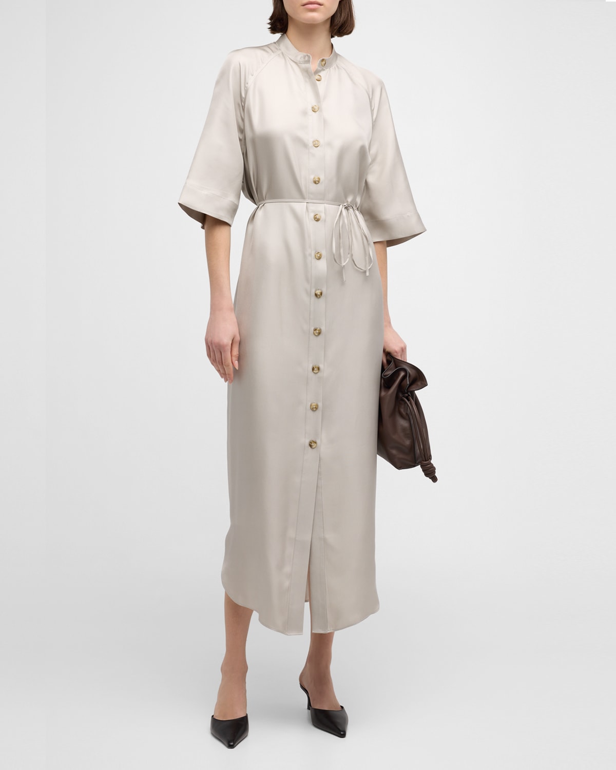 Shop Loulou Studio Durion Button-front Maxi Shirtdress With Tie Belt In Silver Grey