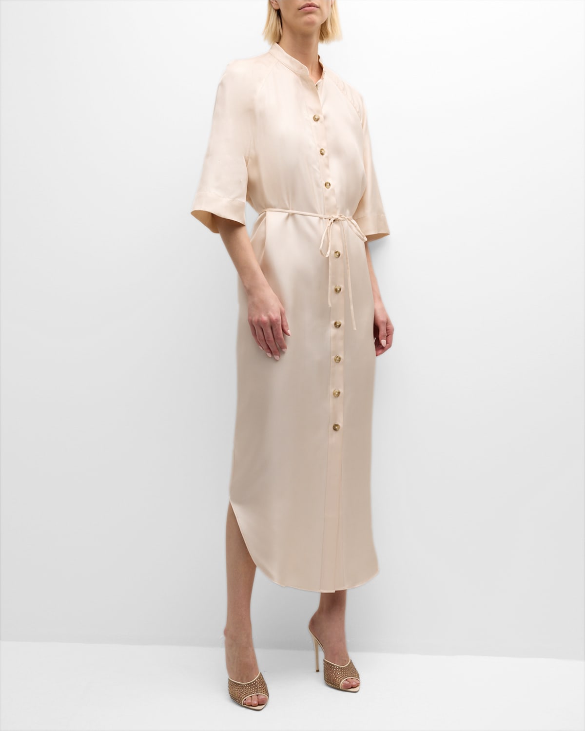 Loulou Studio Durion Button-front Maxi Shirtdress With Tie Belt In Cream Rose