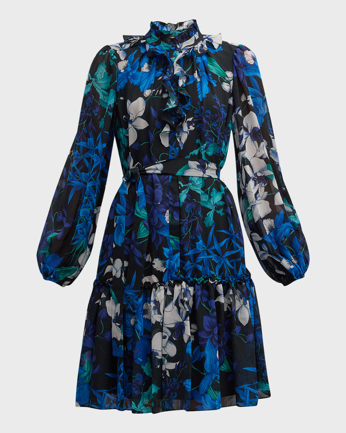 Paisley Floral-Print Balloon-Sleeve Midi Dress