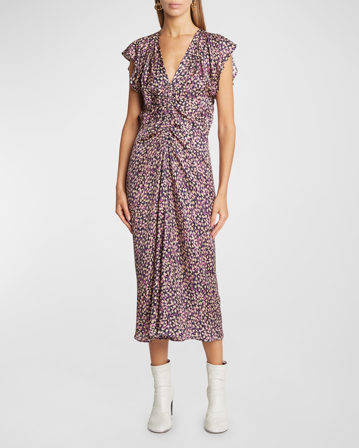 Shop Isabel Marant Lyndsay Floral-print Cap-sleeve Midi Dress In Faded Night