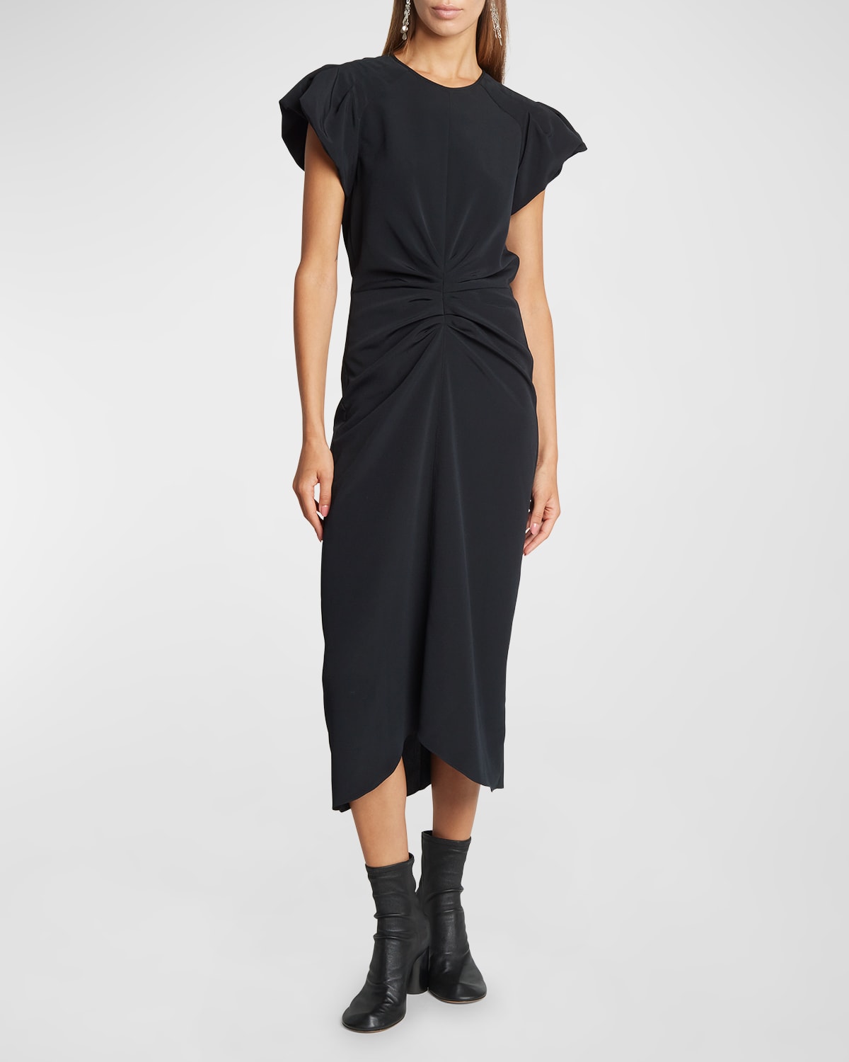 Shop Isabel Marant Terena Gathered Ruffle-sleeve Midi Dress In Black