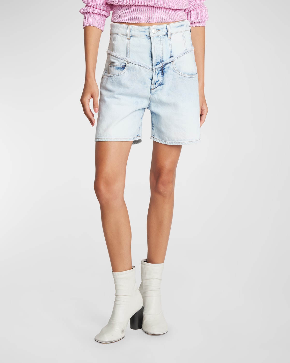 Shop Isabel Marant Oreta High-rise Paneled V-yoke Denim Shorts In Light Blue