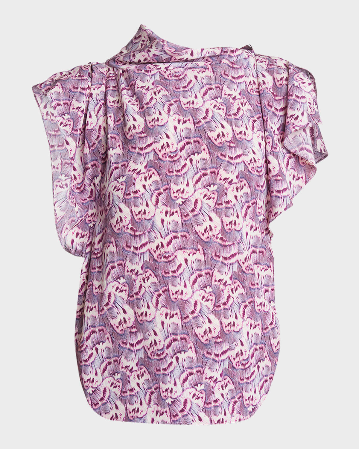 Isabel Marant Valency Feather-print Asymmetric Flutter-sleeve Silk Blouse In Mauve