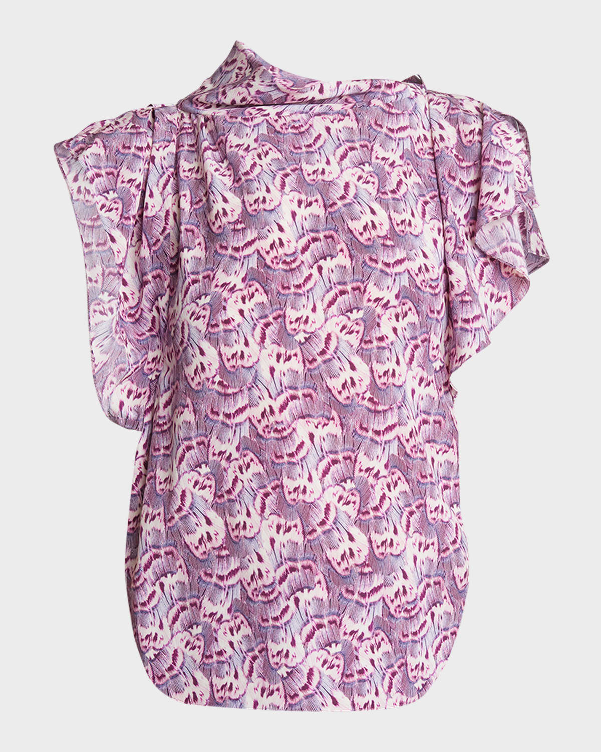 Shop Isabel Marant Valency Feather-print Asymmetric Flutter-sleeve Silk Blouse In Mauve