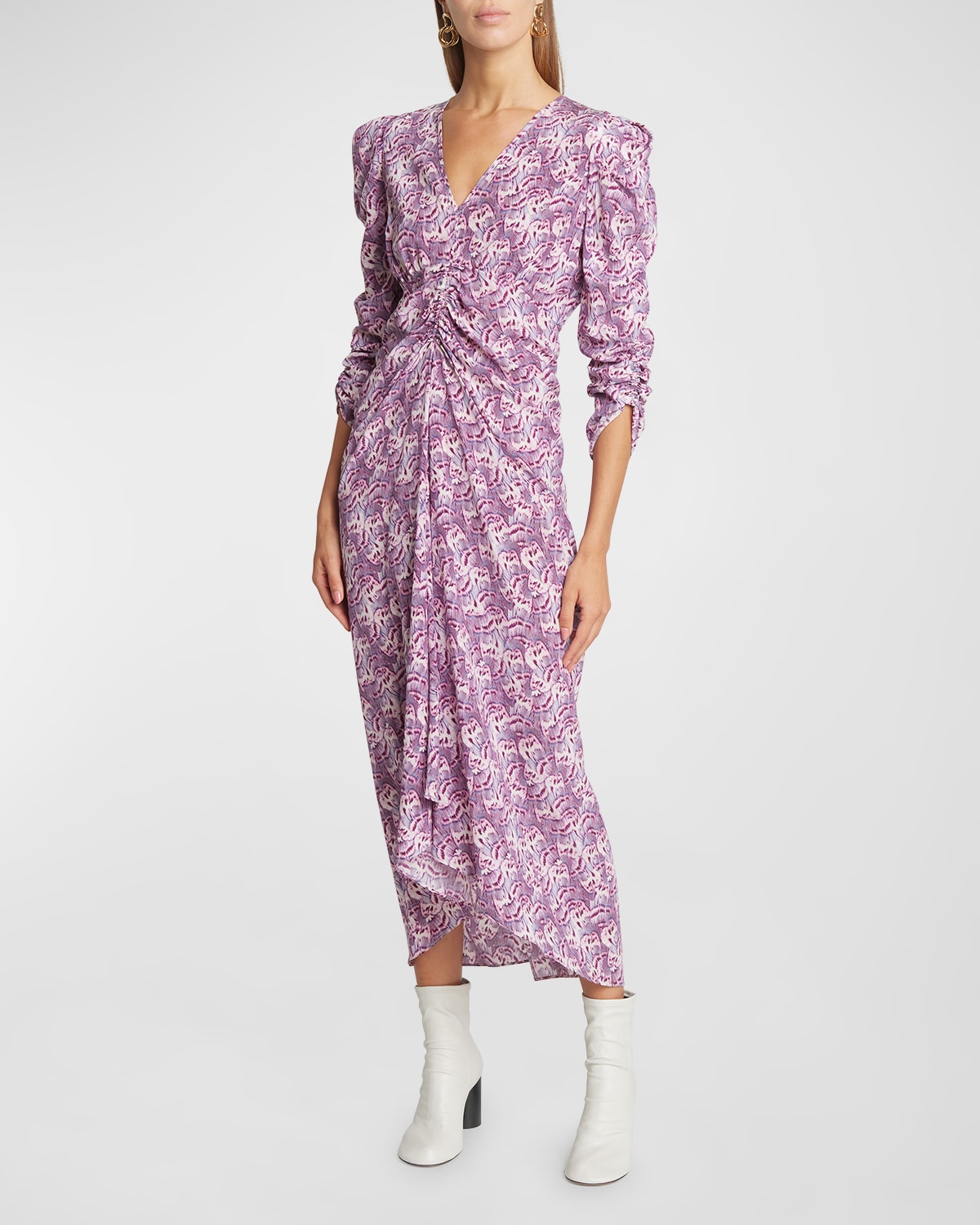 Shop Isabel Marant Albini Feather-print Ruched 3/4-sleeve Midi Dress In Mauve