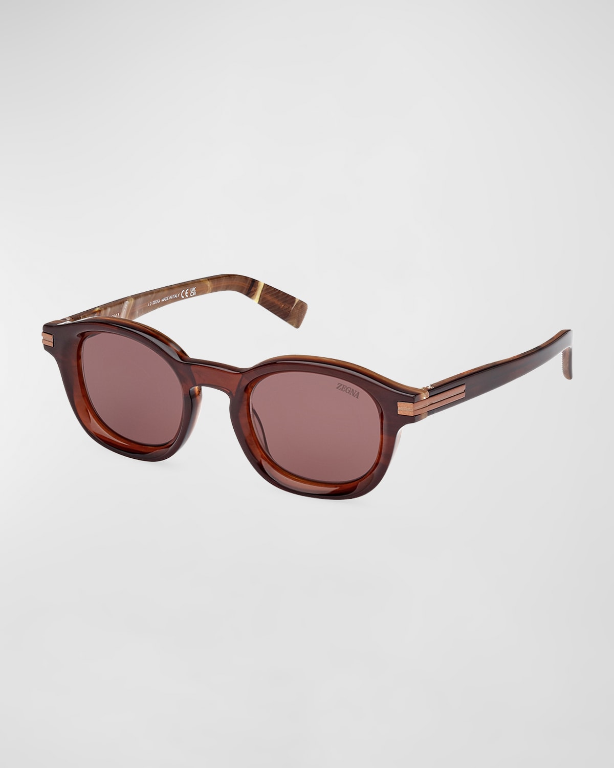 Shop Zegna Men's Acetate Round Sunglasses In Shiny Transparent Brown
