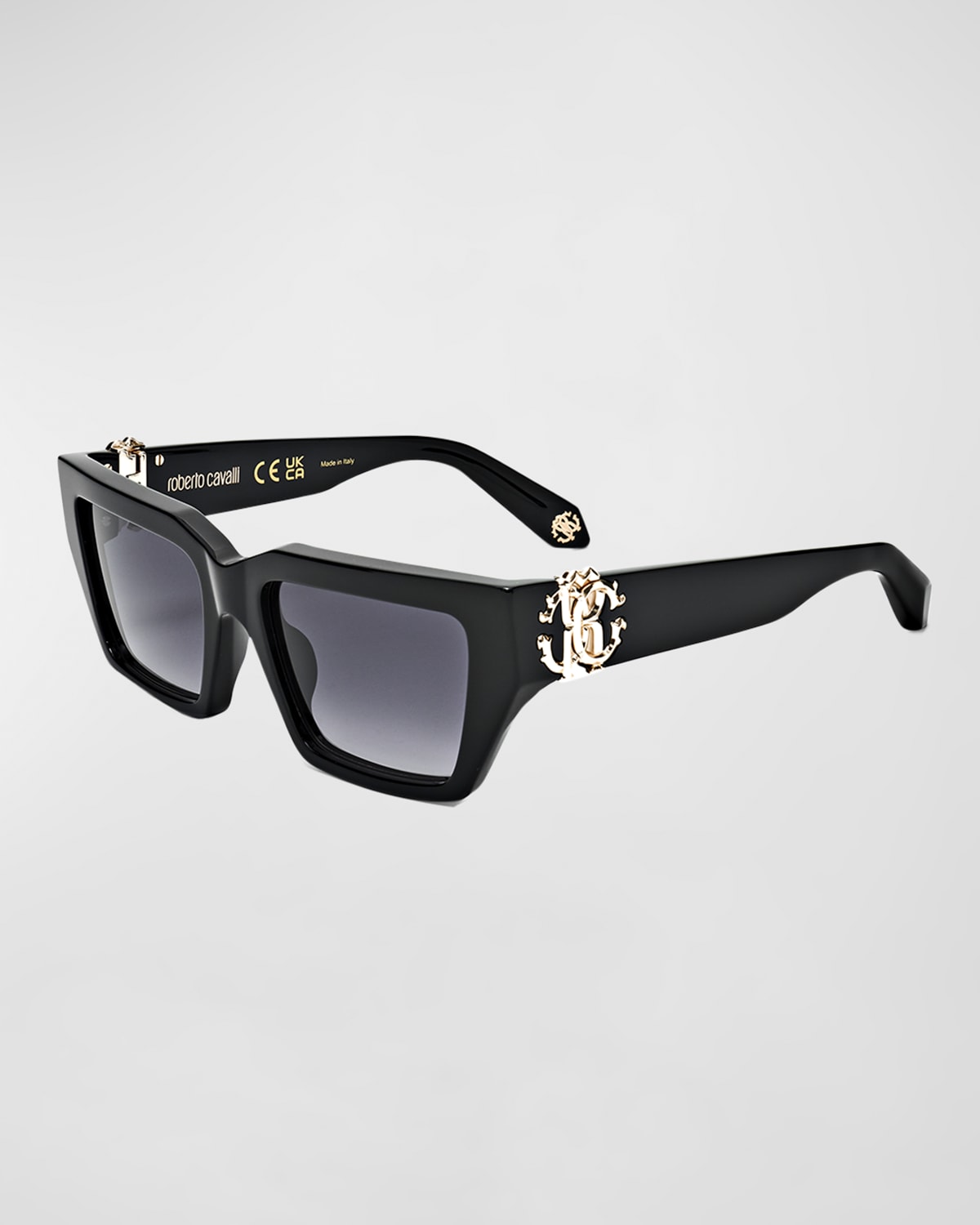 Roberto Cavalli Iconic Rc Logo Acetate Rectangle Sunglasses In Shiny Black