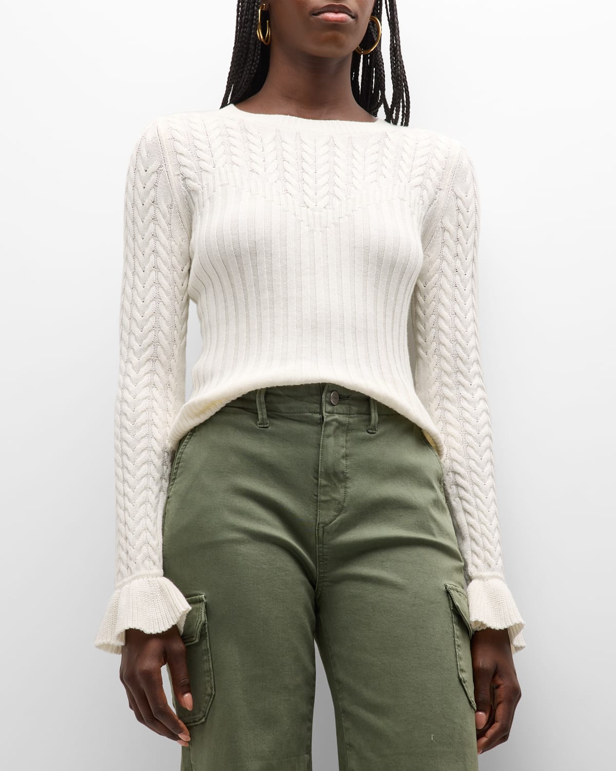 Shop Paige Henrietta Cable-knit Flare-sleeve Top In Ivory