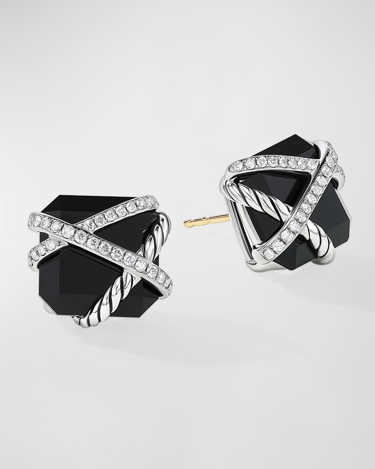 Cable Wrap Stud Earrings with Black Onyx and Diamonds in Silver, 12mm