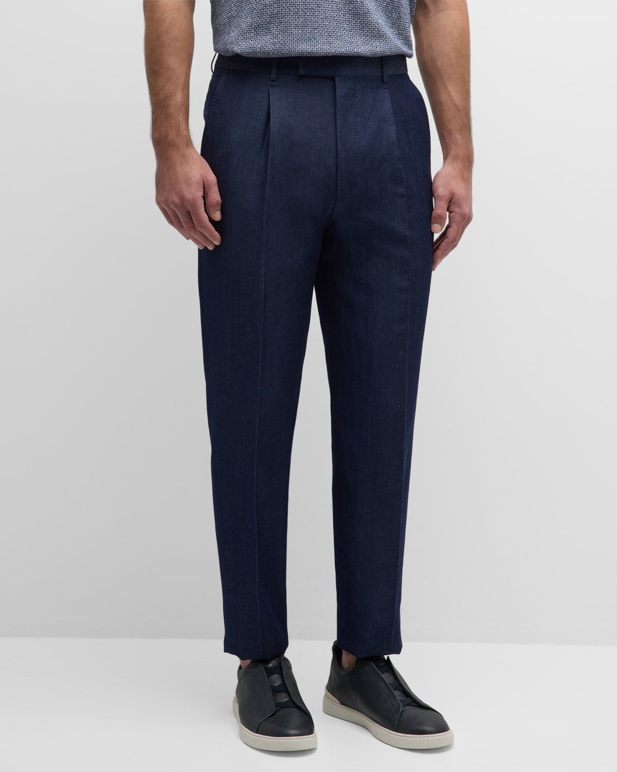Zegna Men's Pleated Wool-linen Pants In Navy Solid