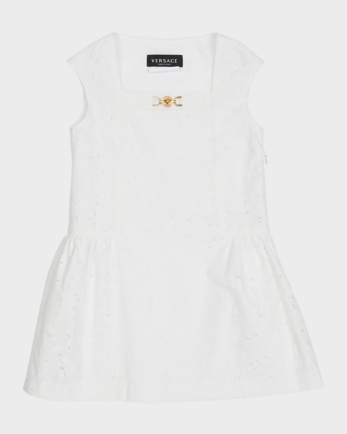 Versace Girl's Barocco Sangallo Sleeveless Poplin Dress In Optical White