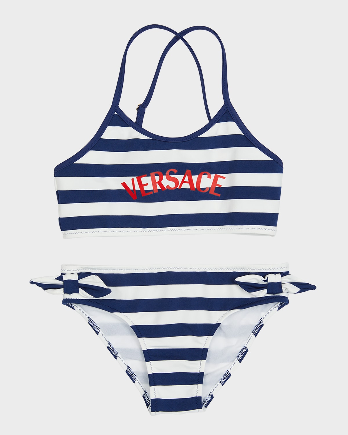 VERSACE GIRL'S STRIPED LOGO-PRINT TWO-PIECE SWIMSUIT