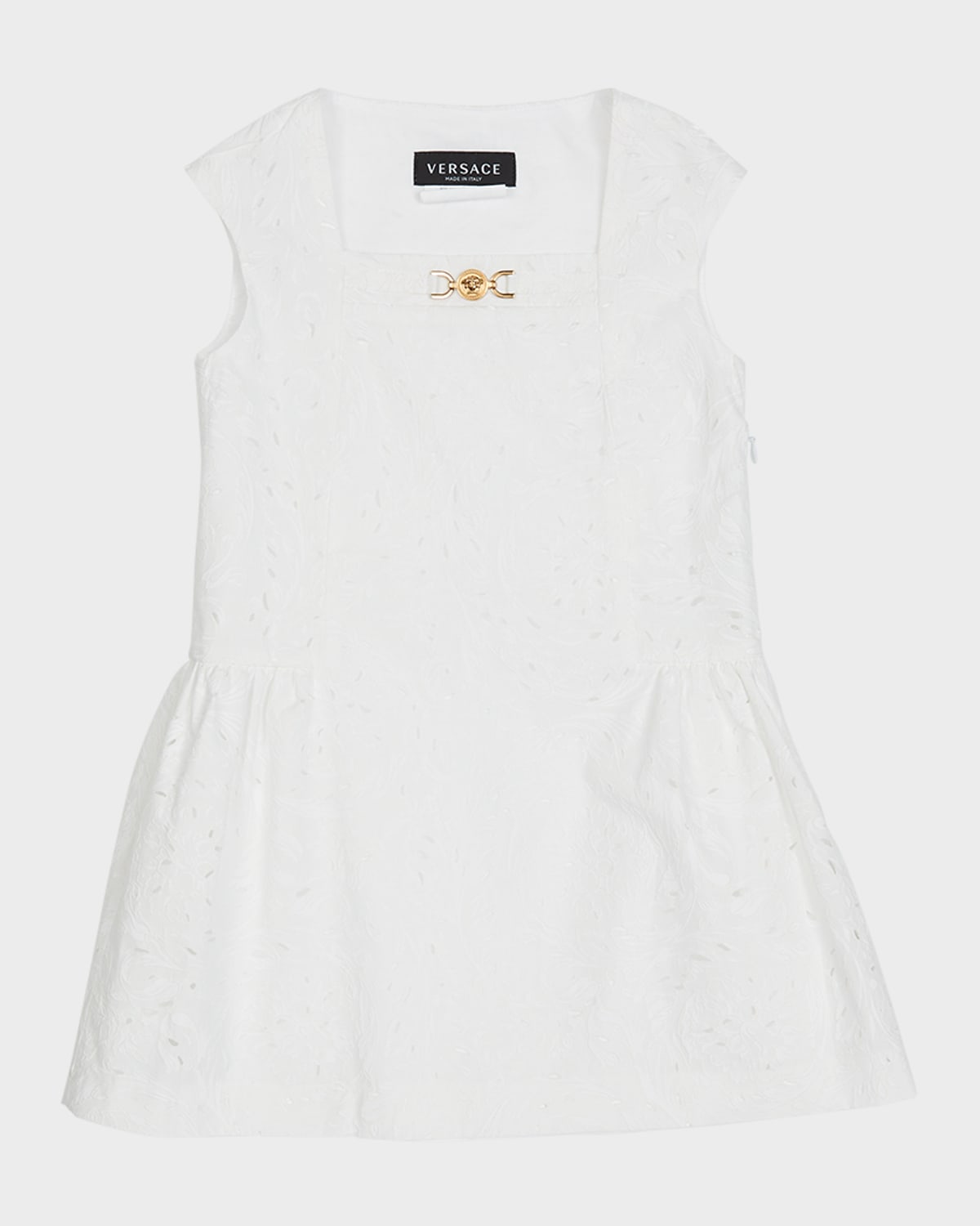 Versace Kids' Girl's Barocco Sangallo Sleeveless Poplin Dress In Optical White