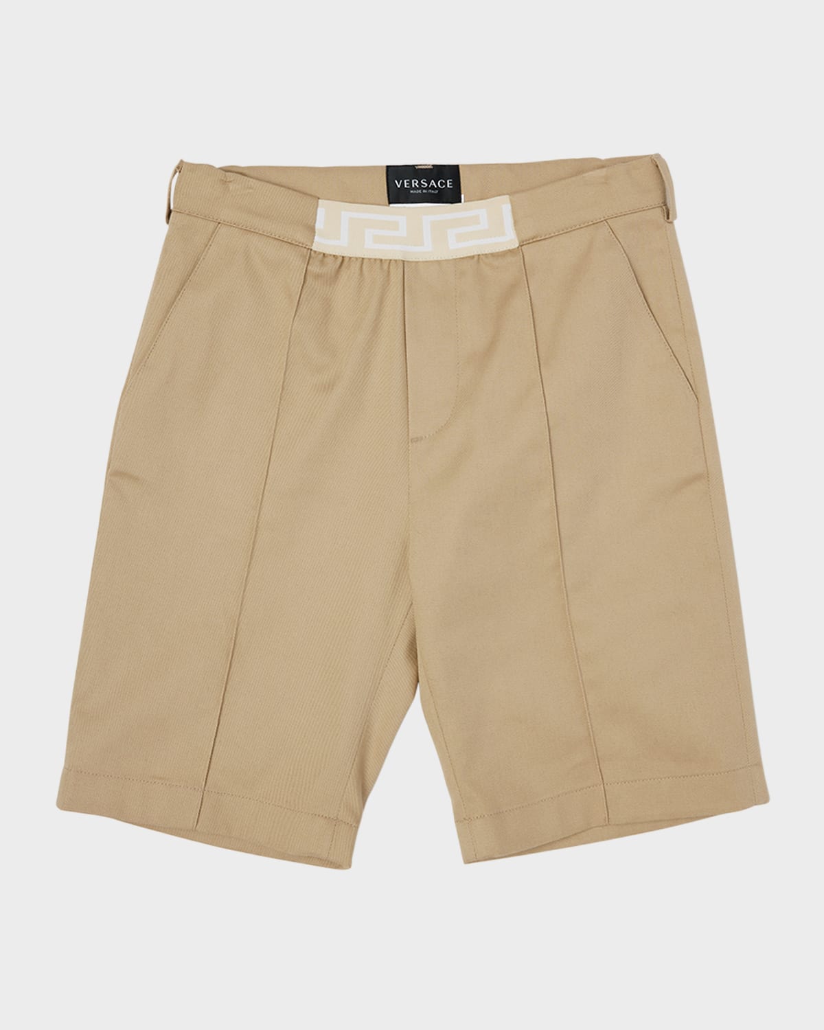 Versace Kids' Boy's Greca-trim Gabardine Shorts In Beige