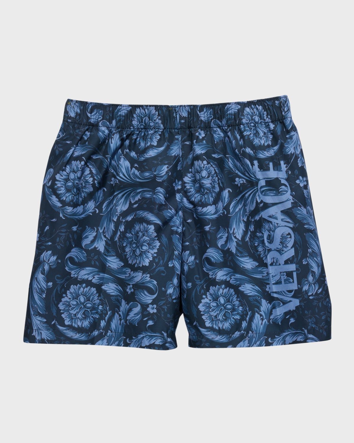 Versace Kids' Boy's Barocco-print Nylon Swim Shorts In Navy Blue
