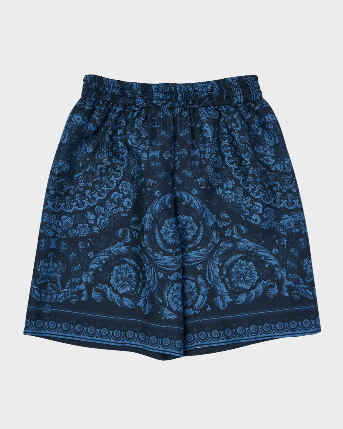 Versace Kids' Boy's Barocco Foulard Silk Twill Shorts In Navy Blue