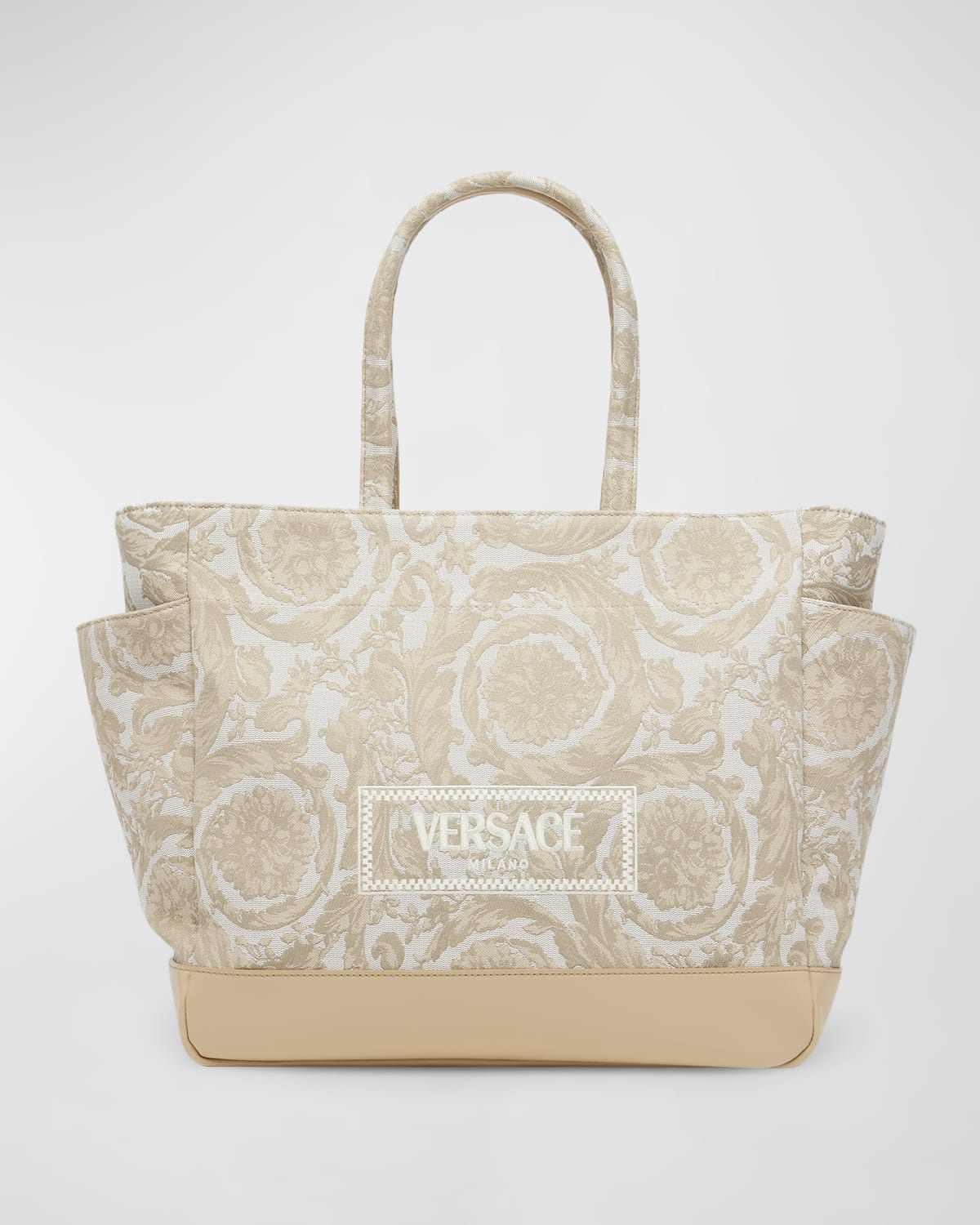 Shop Versace Barocco Jacquard Diaper Tote Bag In Sand Castle