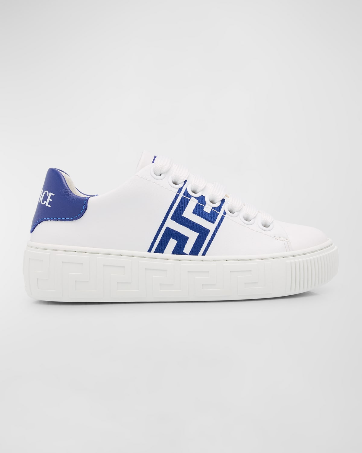 Shop Versace Boy's La Greca Bicolor Low-top Sneakers, Kids In White Royal Blue