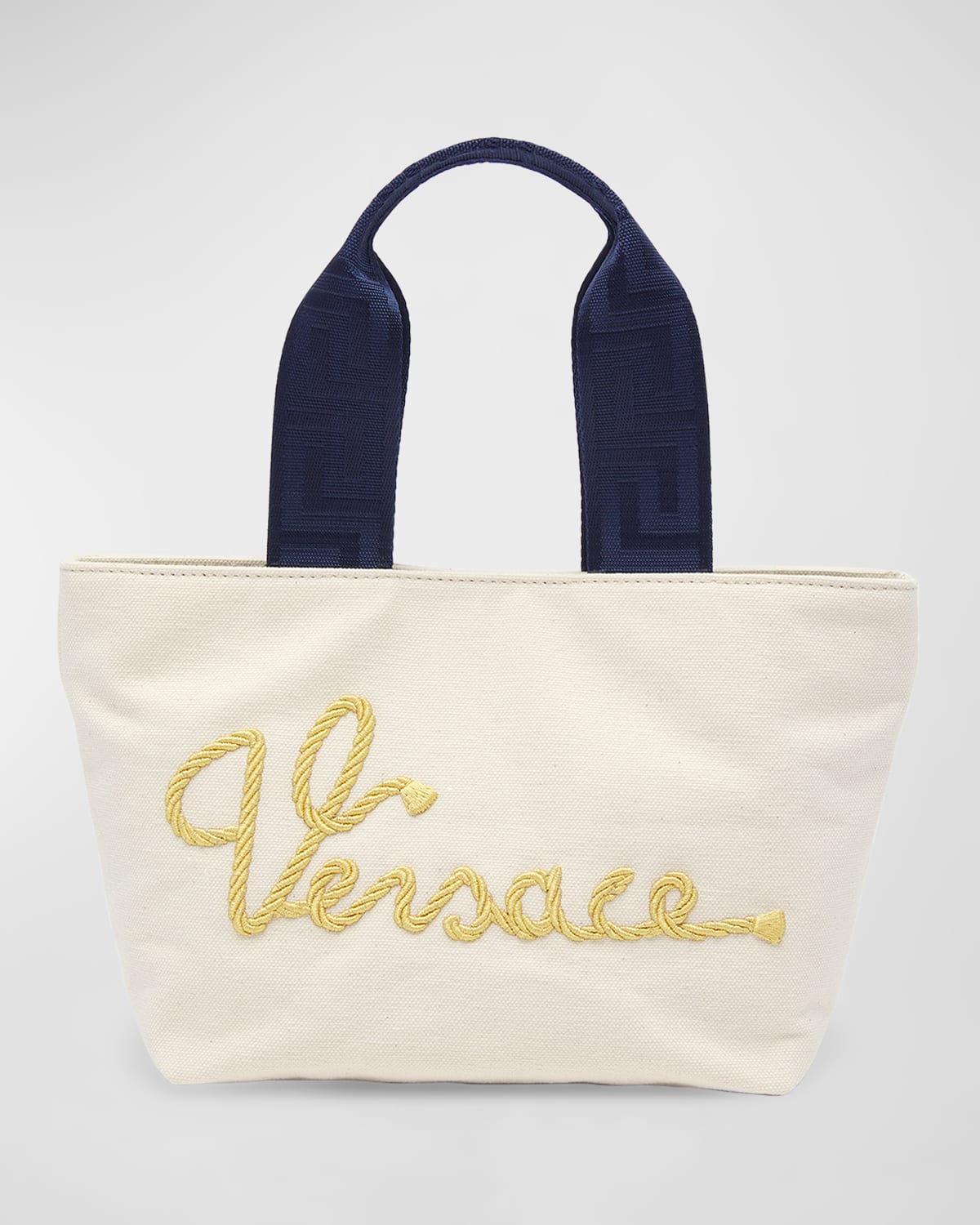 Shop Versace Kid's Embroidered Canvas Tote Bag In Natual Navy