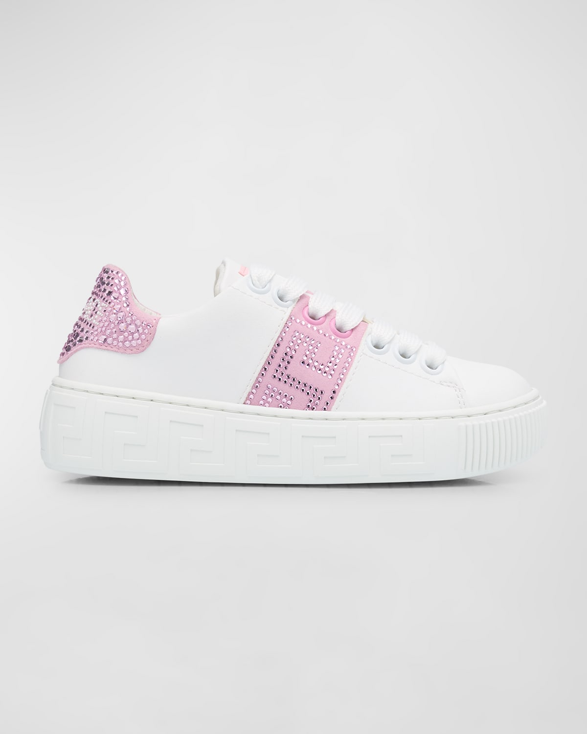 Shop Versace Girl's Sneaker La Greca Fabric Calf Leather, Toddler In White Pale Pink
