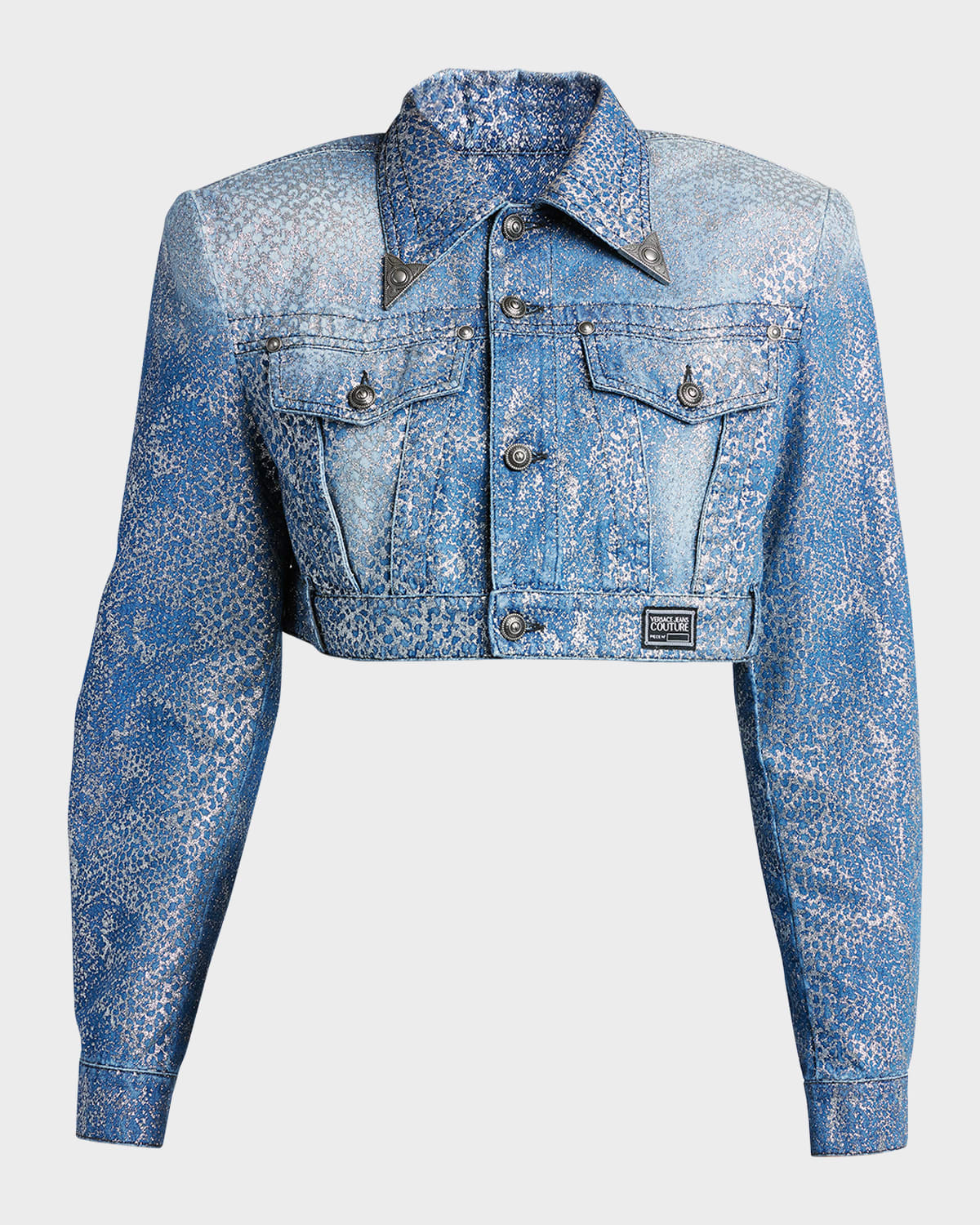 Shop Versace Jeans Couture Cropped Metallic Paint Denim Jacket In Indigo