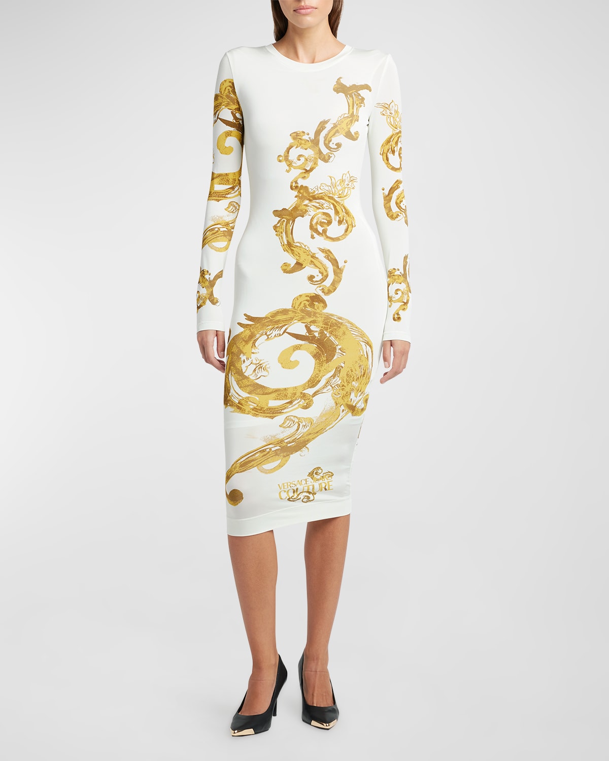 Shop Versace Jeans Couture Chain Couture Long Sleeve Bodycon Midi Dress In White/gold