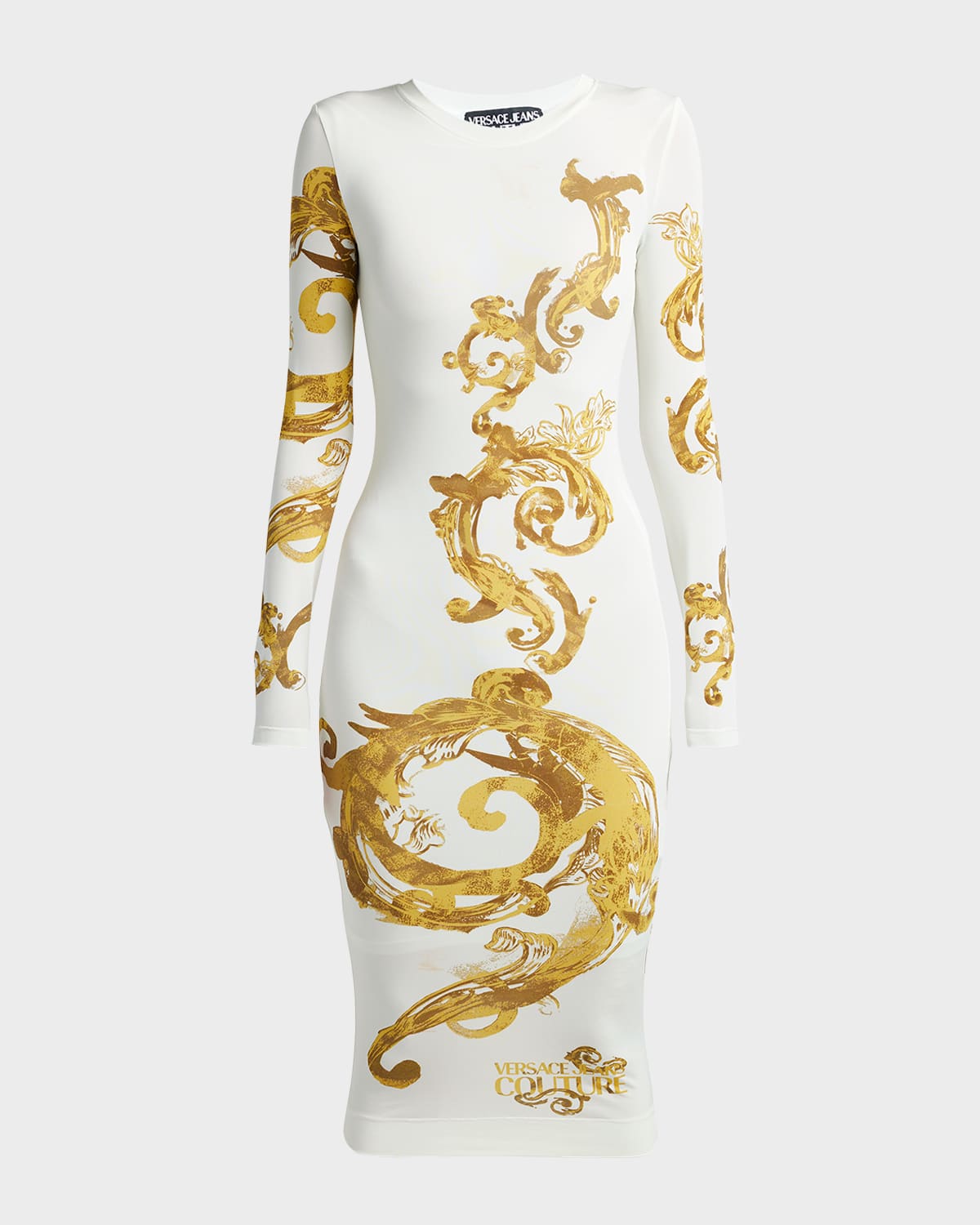 Shop Versace Jeans Couture Chain Couture Long Sleeve Bodycon Midi Dress In White/gold