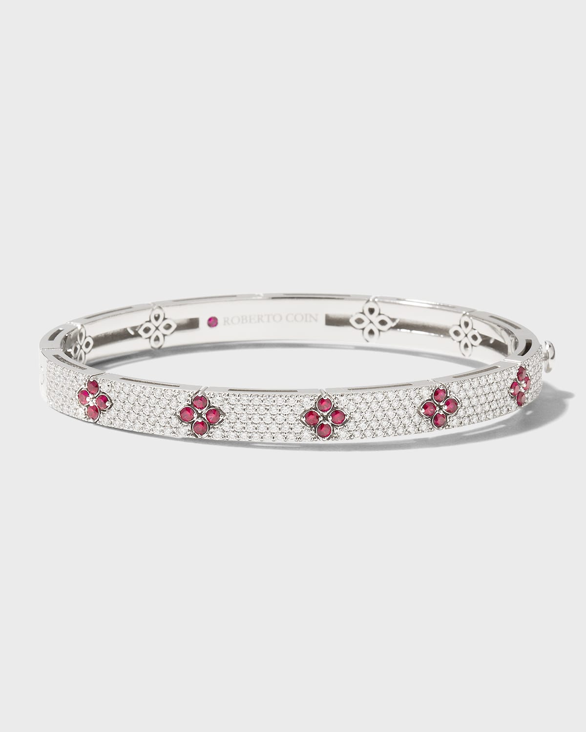 18K White Gold Diamond Pave and Ruby Bangle