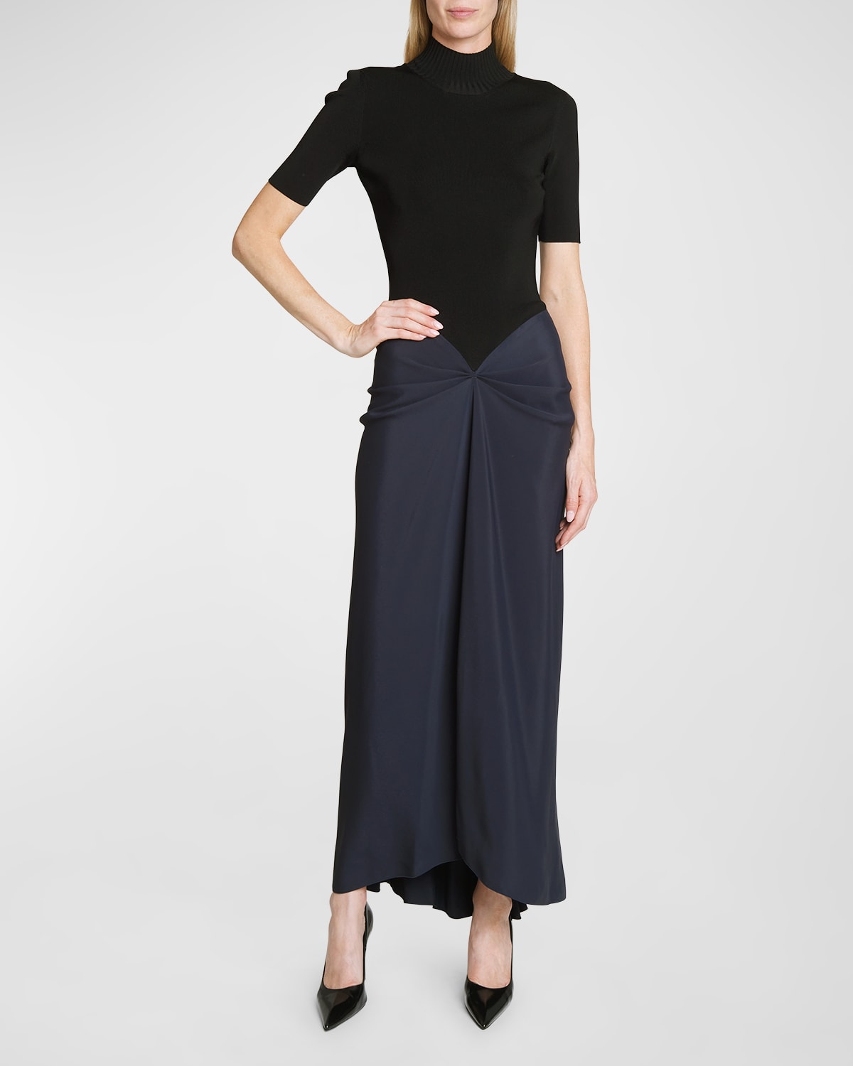 Shop Victoria Beckham Gathered Dress With Polo Neck In Midnight