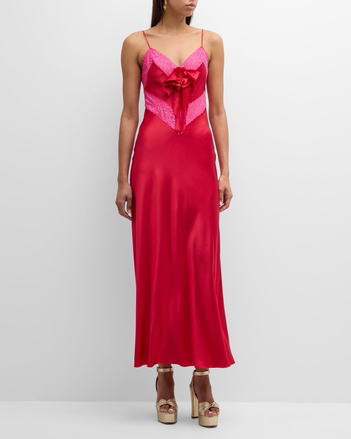 Shop Loveshackfancy Serita Lace-trim Silk Maxi Slip Dress In Red