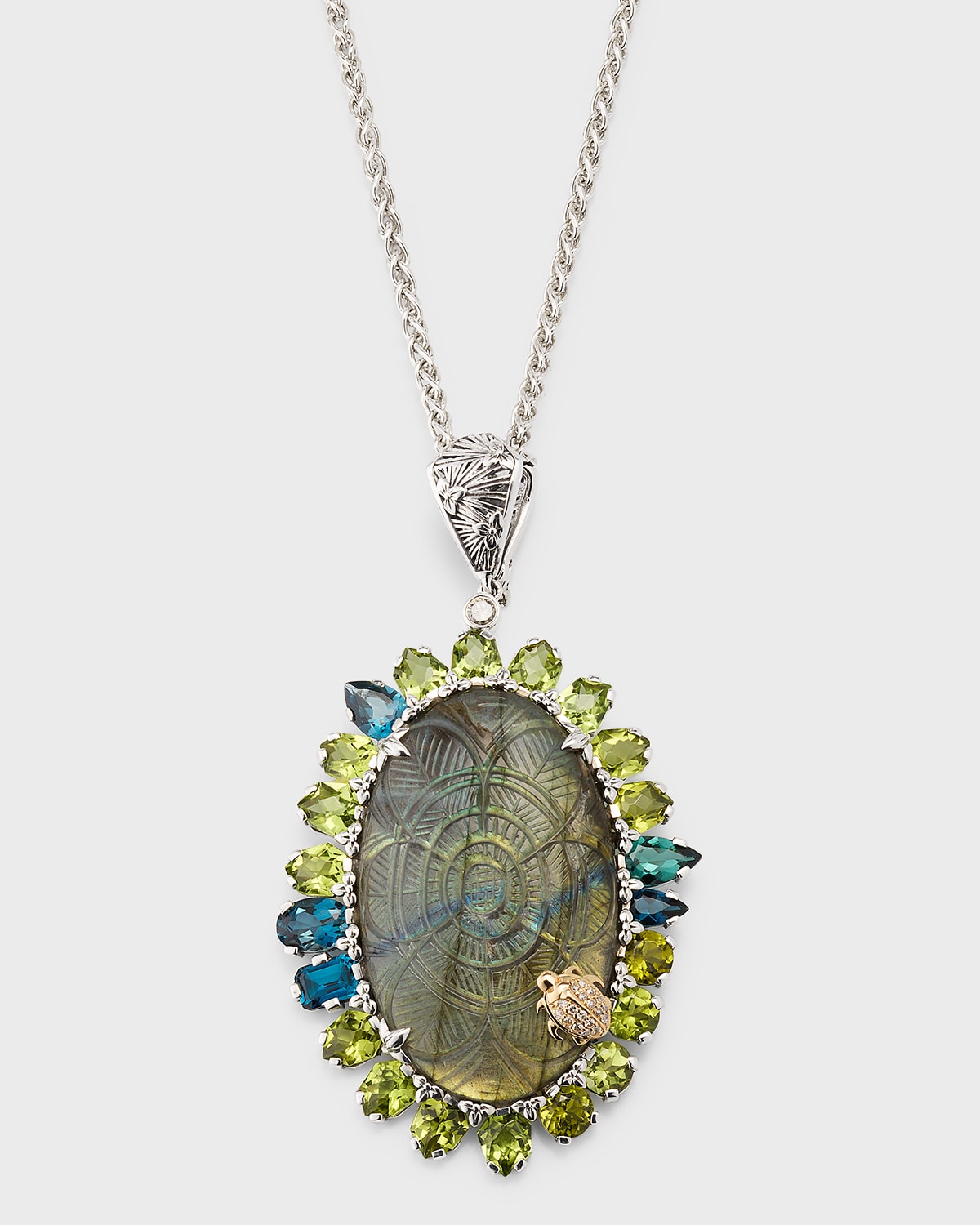 Carved Labradorite Multi-Gemstone Pendant Necklace with Diamonds
