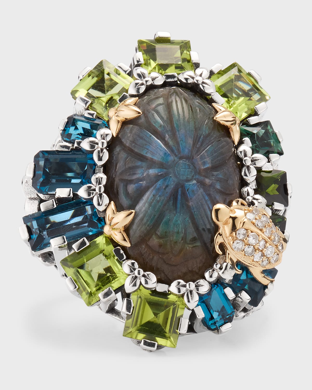 Carved Labradorite and Gemstone Statement Ring with Diamonds