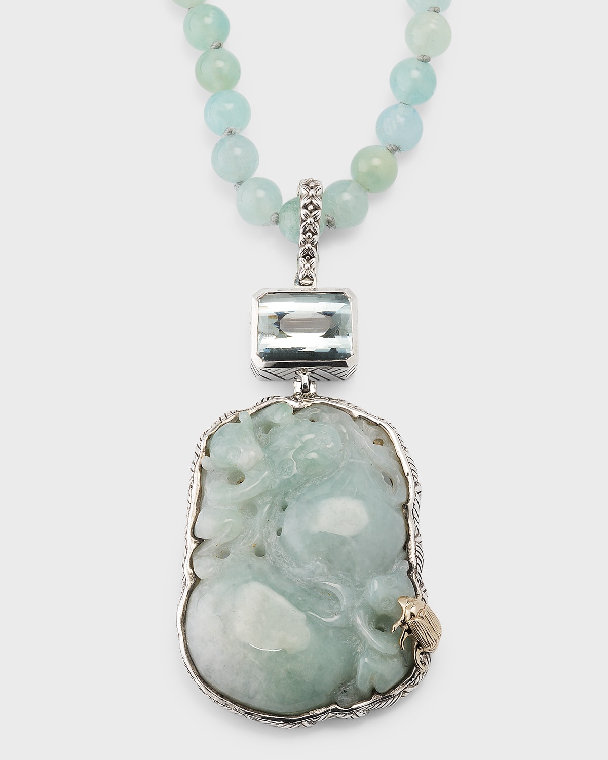 Stephen Dweck Vintage Hand-carved Jade And Aquamarine Beaded Necklace In Multi
