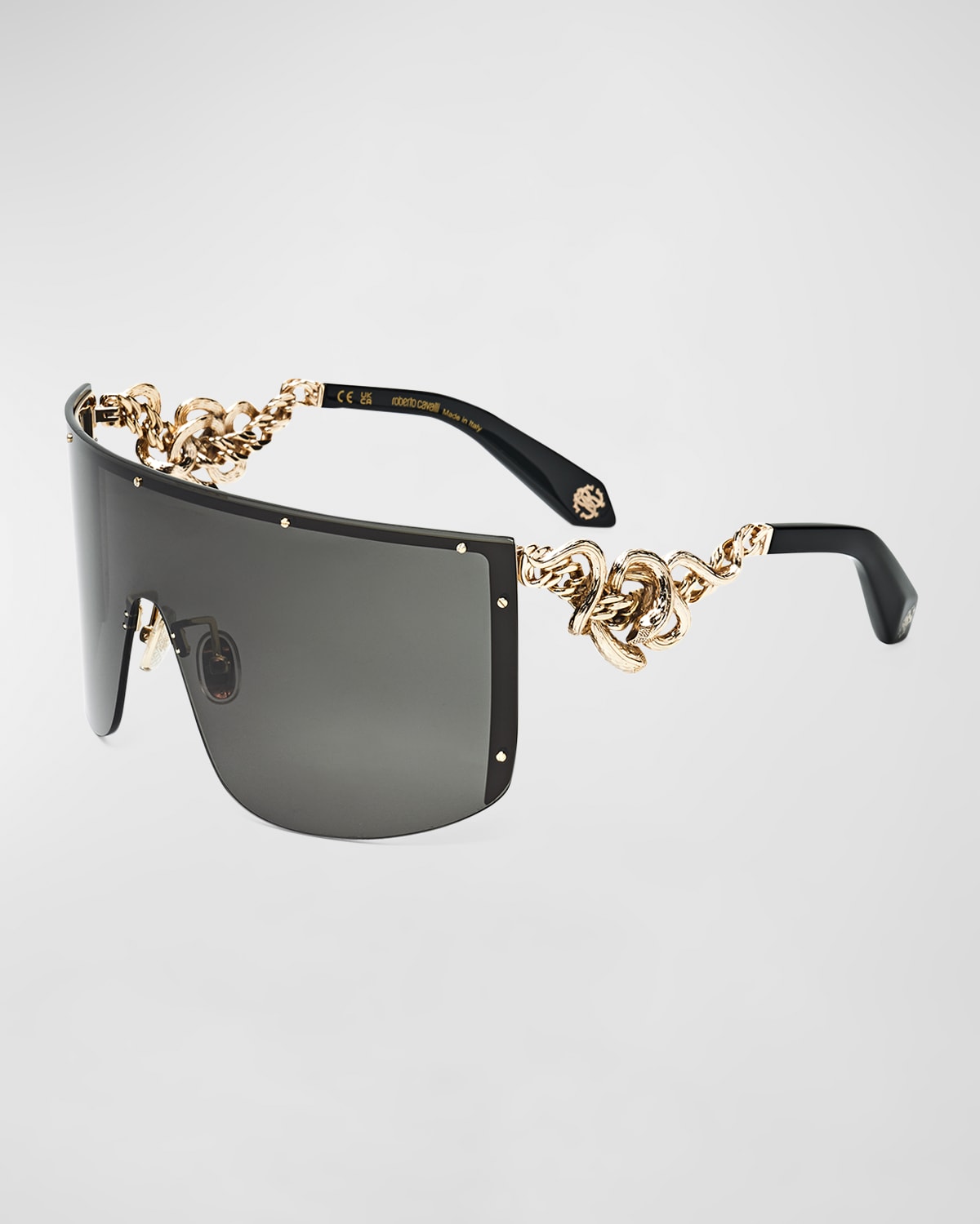 Roberto Cavalli Iconic Snake Metal & Acetate Shield Sunglasses In Shiny Gold
